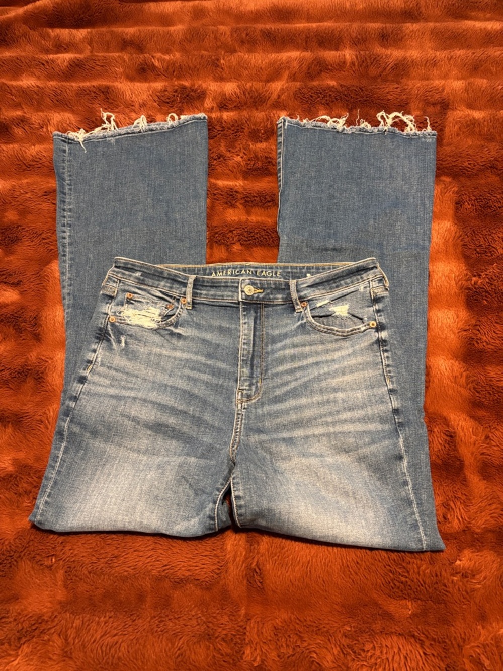 American Eagle Outfitters Medium Blue Flare Jeans with Frayed Hem 14 XLONG